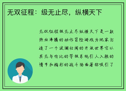 无双征程：级无止尽，纵横天下