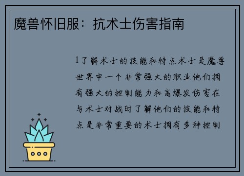 魔兽怀旧服：抗术士伤害指南